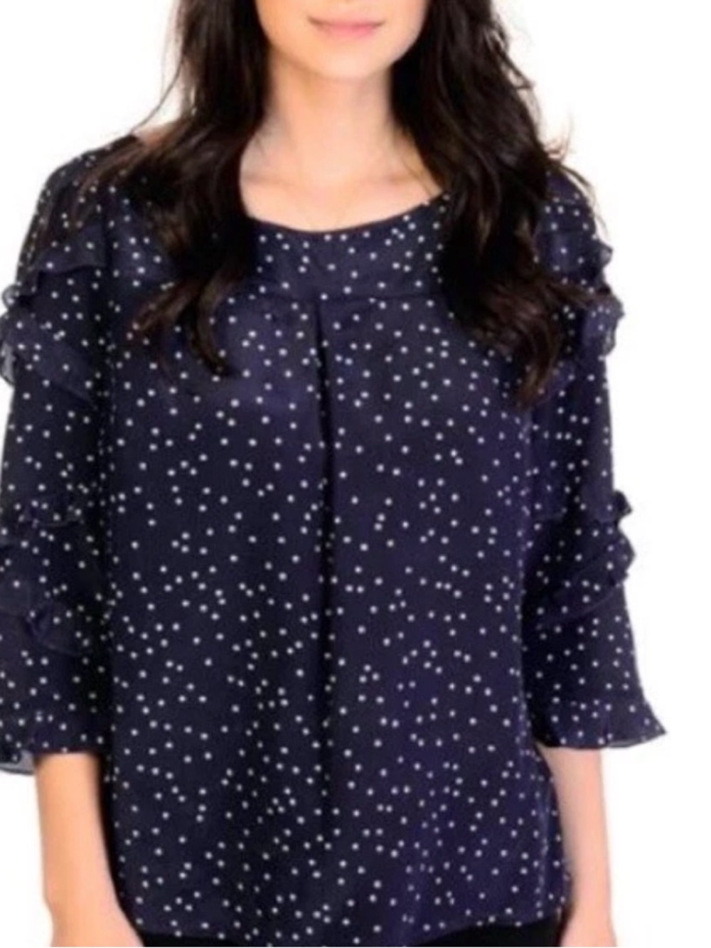 Anthropologie Maeve Navy Ruffled Polka Dot 100% Silk Blouse